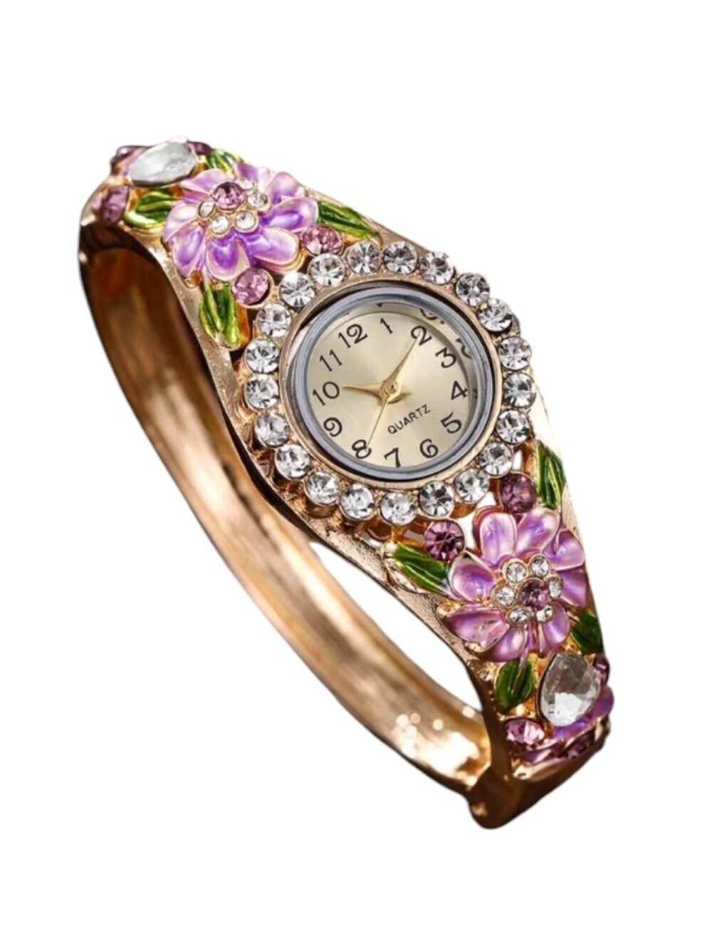Gold-Tone Floral Crystal Bangle Watch - Purple - Picture 2 of 4